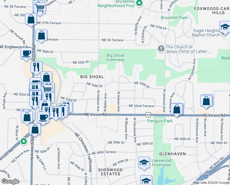 map of restaurants, bars, coffee shops, grocery stores, and more near 3527 Northeast 53 Terrace in Kansas City