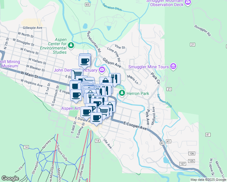 map of restaurants, bars, coffee shops, grocery stores, and more near 132 North Spring Street in Aspen