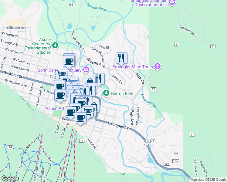 map of restaurants, bars, coffee shops, grocery stores, and more near 115 Neale Ave in Aspen