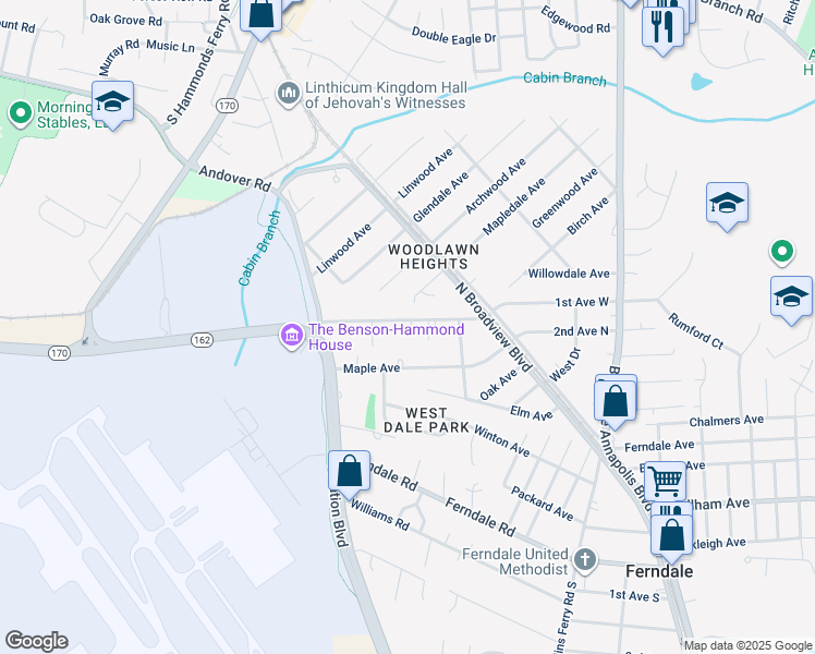 map of restaurants, bars, coffee shops, grocery stores, and more near 213 Poplar Avenue in Glen Burnie
