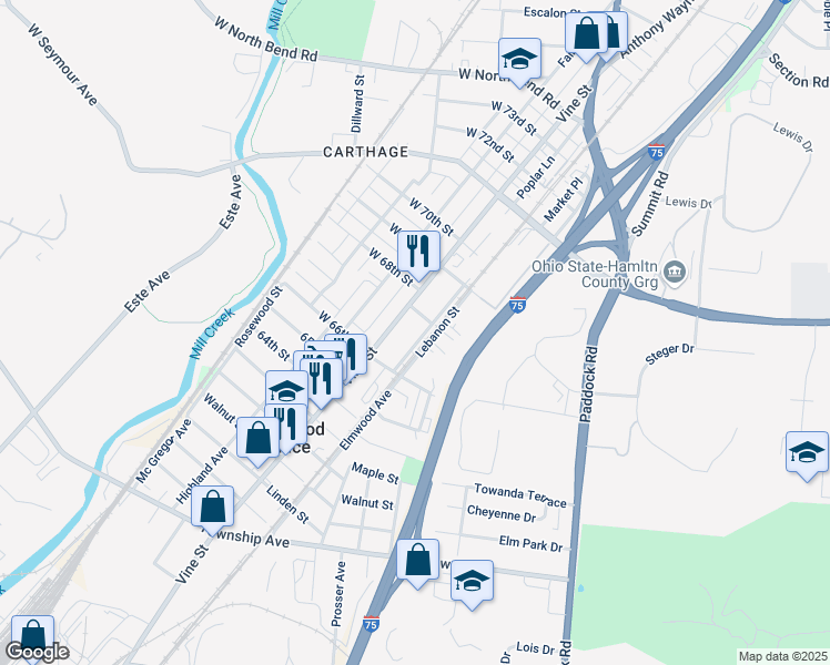map of restaurants, bars, coffee shops, grocery stores, and more near 6637 Lebanon Street in Cincinnati