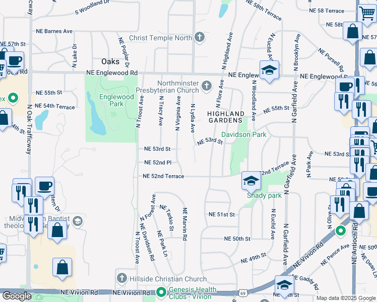 map of restaurants, bars, coffee shops, grocery stores, and more near 5250 North Lydia Avenue in Kansas City