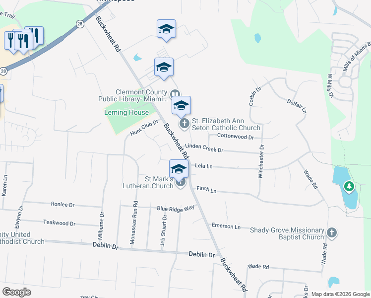 map of restaurants, bars, coffee shops, grocery stores, and more near 5862 Whitegate Court in Milford