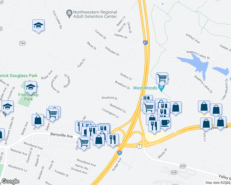 map of restaurants, bars, coffee shops, grocery stores, and more near 111 Barrington Lane in Winchester