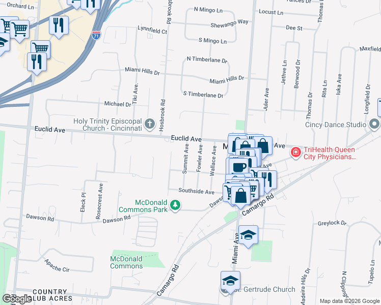 map of restaurants, bars, coffee shops, grocery stores, and more near 7132 Summit Avenue in Cincinnati