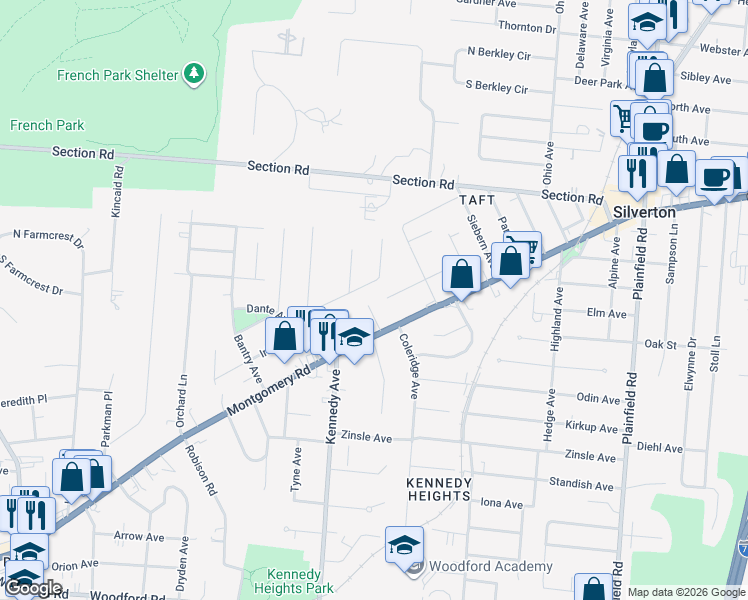 map of restaurants, bars, coffee shops, grocery stores, and more near 6630 Ravenal Court in Cincinnati