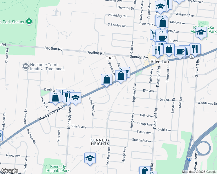 map of restaurants, bars, coffee shops, grocery stores, and more near 6832 Montgomery Road in Silverton