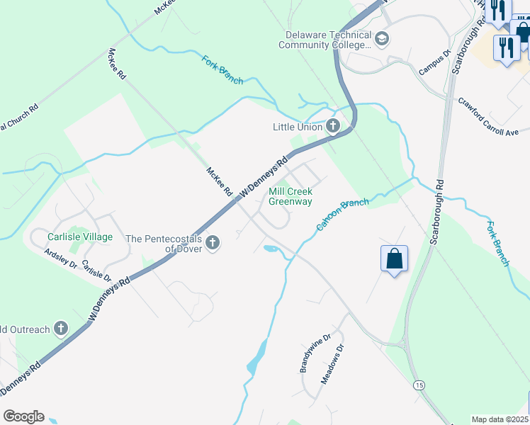 map of restaurants, bars, coffee shops, grocery stores, and more near 101 Mill Creek Drive in Dover