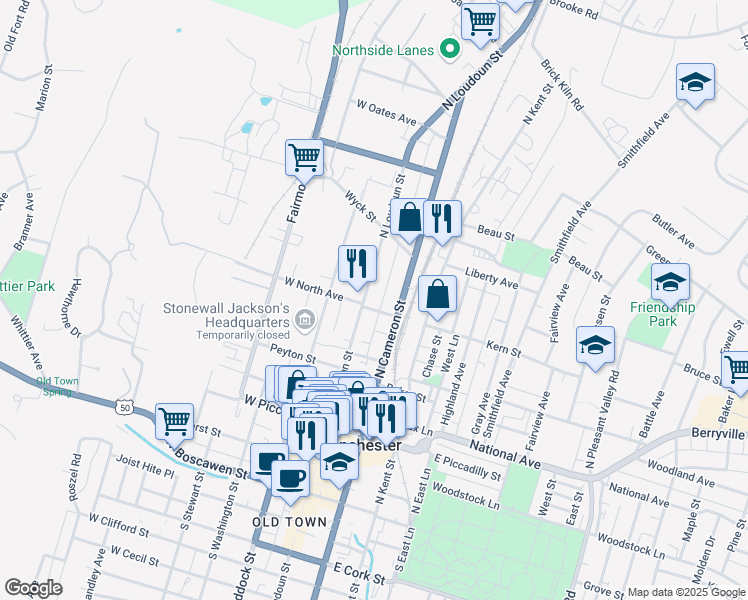 map of restaurants, bars, coffee shops, grocery stores, and more near 501 North Loudoun Street in Winchester