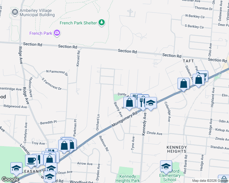 map of restaurants, bars, coffee shops, grocery stores, and more near 6693 Bantry Avenue in Cincinnati