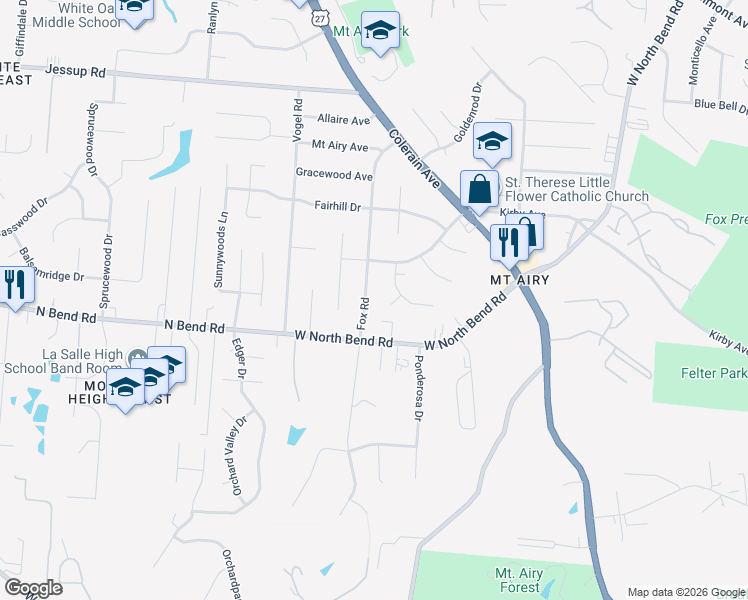 map of restaurants, bars, coffee shops, grocery stores, and more near 5435 Fox Road in Cincinnati