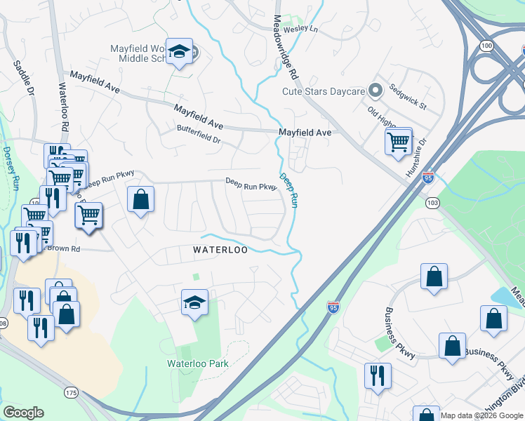 map of restaurants, bars, coffee shops, grocery stores, and more near 6514 Tufts Drive in Elkridge