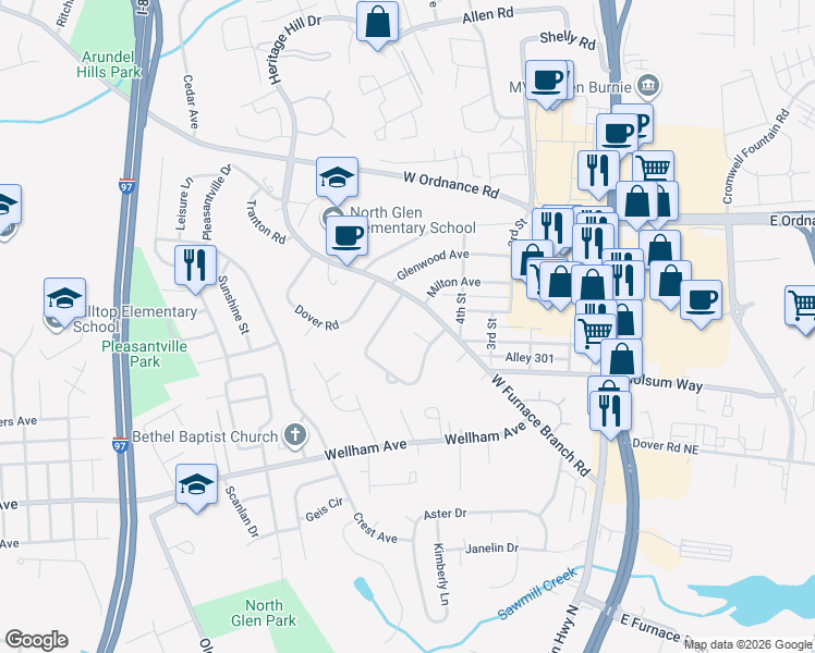 map of restaurants, bars, coffee shops, grocery stores, and more near 306 Milton Court in Glen Burnie