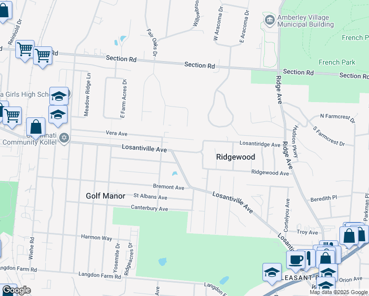 map of restaurants, bars, coffee shops, grocery stores, and more near 2660 Cedarbrook Drive in Cincinnati