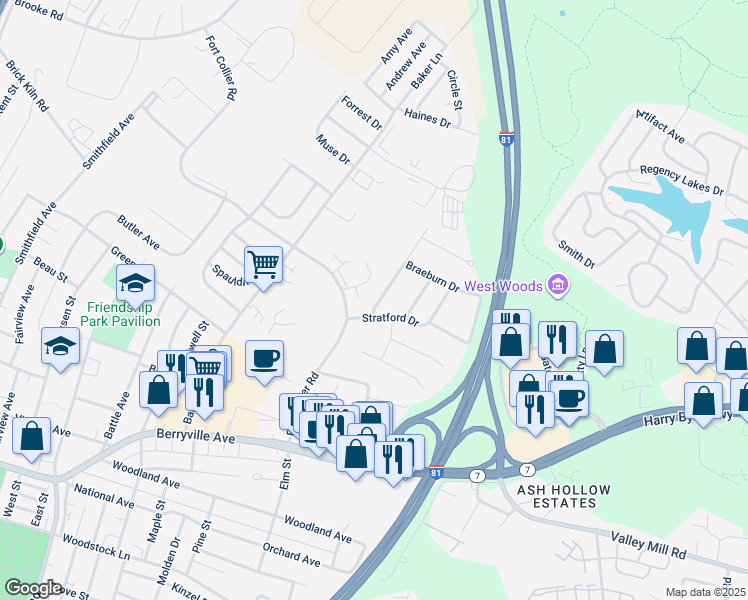 map of restaurants, bars, coffee shops, grocery stores, and more near 115 Banbury Terrace in Winchester