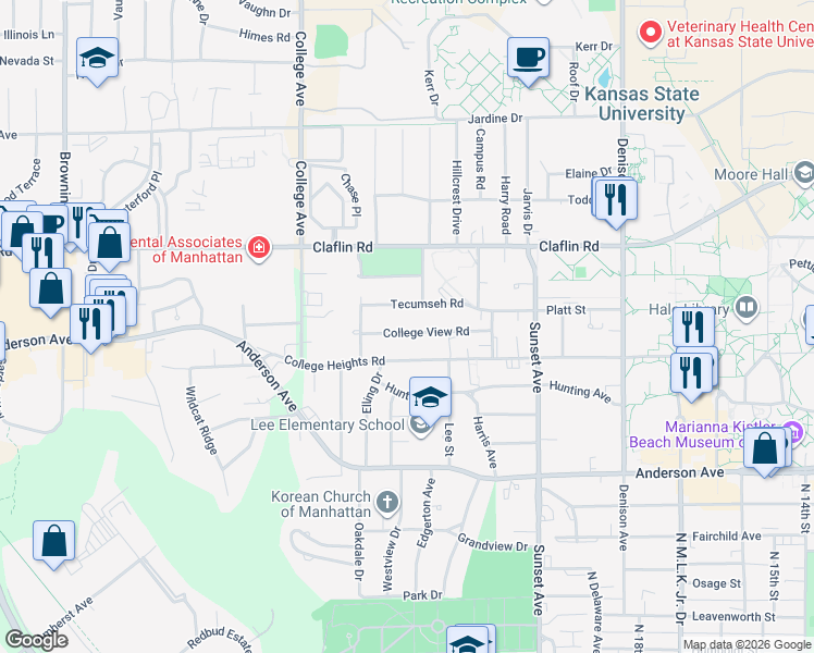 map of restaurants, bars, coffee shops, grocery stores, and more near 2058 College View Road in Manhattan