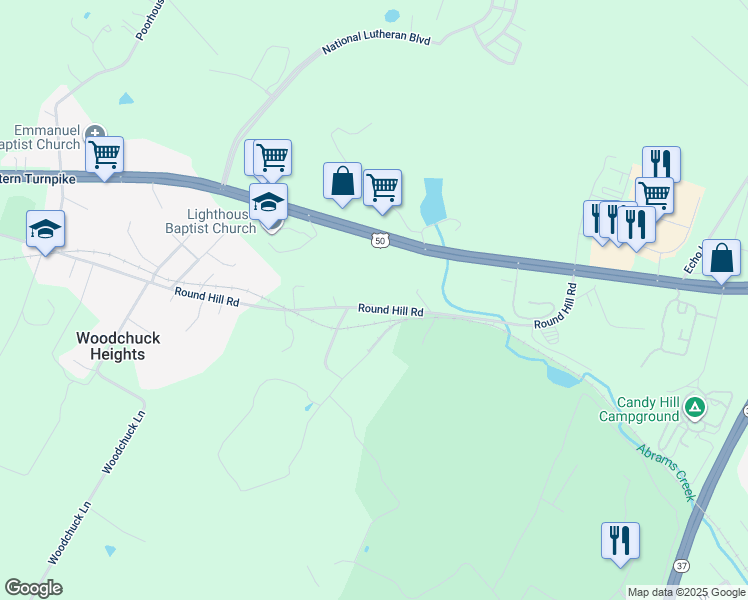 map of restaurants, bars, coffee shops, grocery stores, and more near 386 Round Hill Road in Winchester