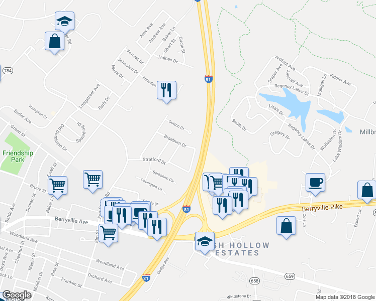 map of restaurants, bars, coffee shops, grocery stores, and more near 508 Braeburn Drive in Winchester