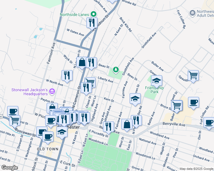 map of restaurants, bars, coffee shops, grocery stores, and more near 47 Race Street in Winchester