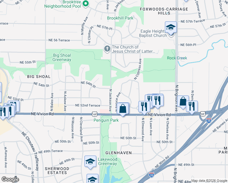 map of restaurants, bars, coffee shops, grocery stores, and more near 5319 North Jackson Avenue in Kansas City