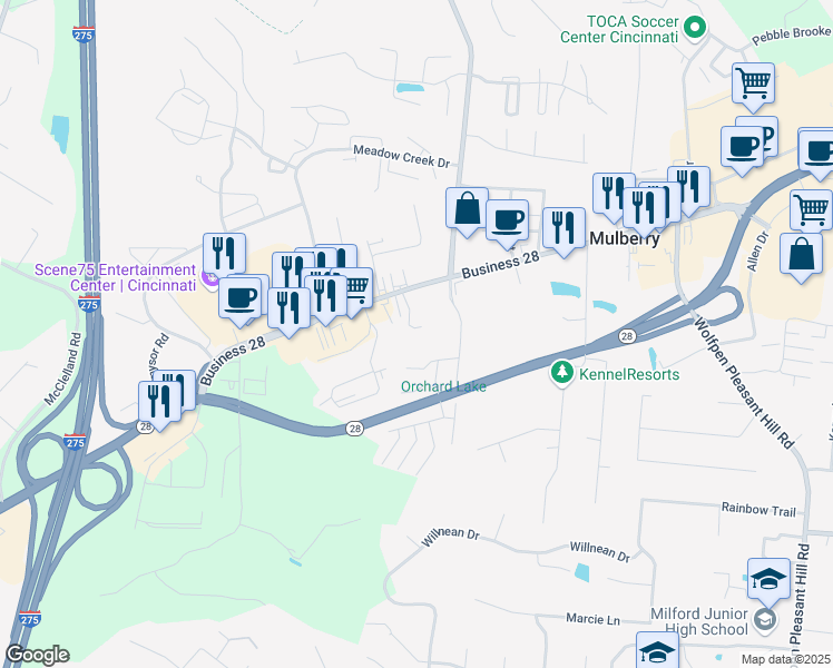 map of restaurants, bars, coffee shops, grocery stores, and more near 947 Ohio 28 in Milford
