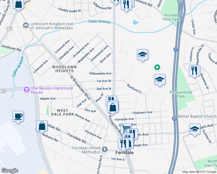 map of restaurants, bars, coffee shops, grocery stores, and more near 2 2nd Avenue North in Glen Burnie
