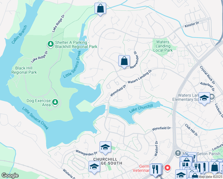 map of restaurants, bars, coffee shops, grocery stores, and more near 13642 Ambassador Drive in Germantown