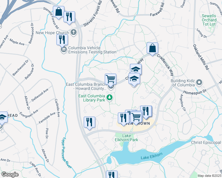 map of restaurants, bars, coffee shops, grocery stores, and more near 6600 Cradlerock Way in Columbia