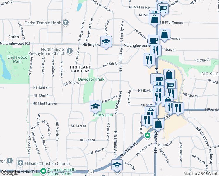 map of restaurants, bars, coffee shops, grocery stores, and more near 5312 North Euclid Avenue in Kansas City