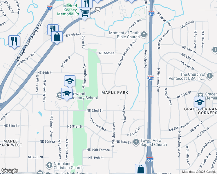 map of restaurants, bars, coffee shops, grocery stores, and more near 6904 Northeast 53rd Street in Kansas City