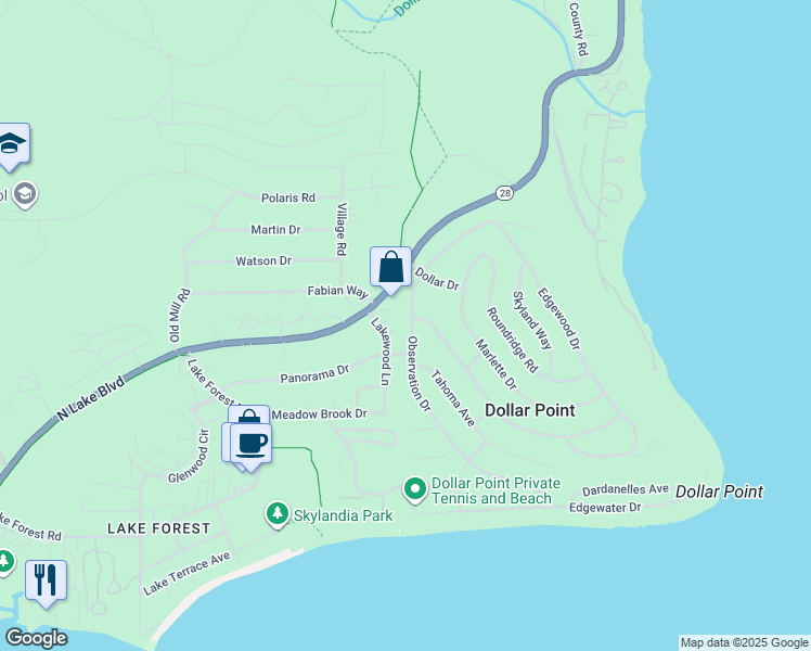 map of restaurants, bars, coffee shops, grocery stores, and more near 169 Observation Drive in Tahoe City