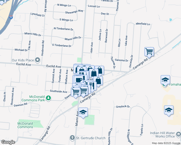 map of restaurants, bars, coffee shops, grocery stores, and more near 10 Bradford Place Drive in Cincinnati