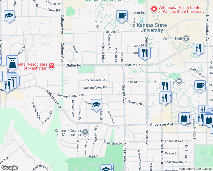 map of restaurants, bars, coffee shops, grocery stores, and more near 2012 College View Road in Manhattan