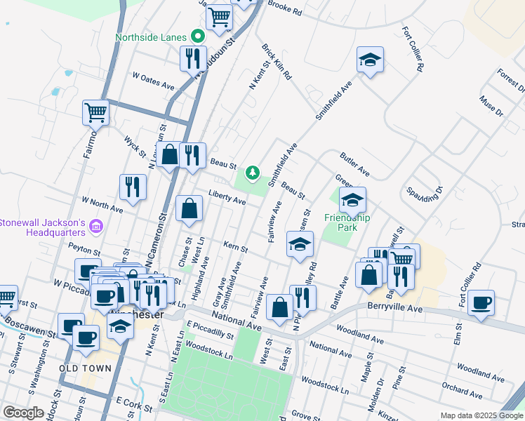map of restaurants, bars, coffee shops, grocery stores, and more near 555 Smithfield Avenue in Winchester