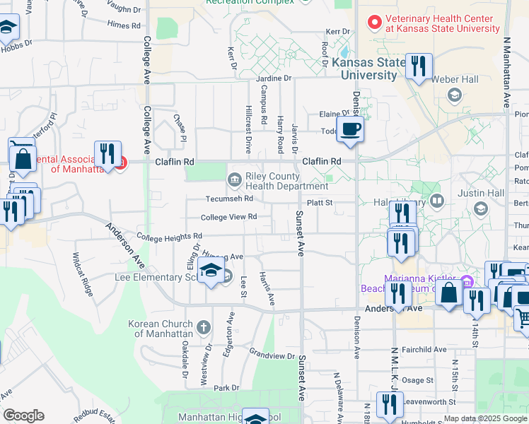 map of restaurants, bars, coffee shops, grocery stores, and more near 2006 College View Road in Manhattan
