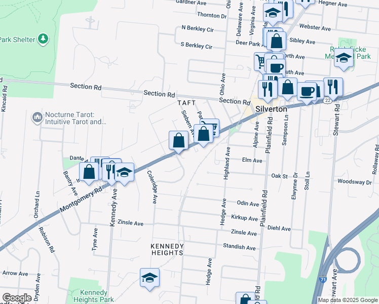 map of restaurants, bars, coffee shops, grocery stores, and more near 6832 Montgomery Road in Silverton