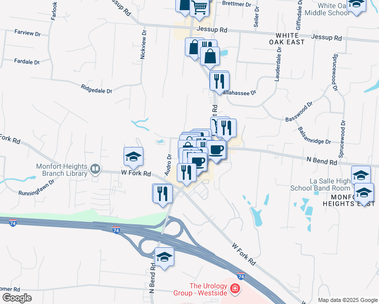 map of restaurants, bars, coffee shops, grocery stores, and more near 3564 Robroy Drive in Cincinnati