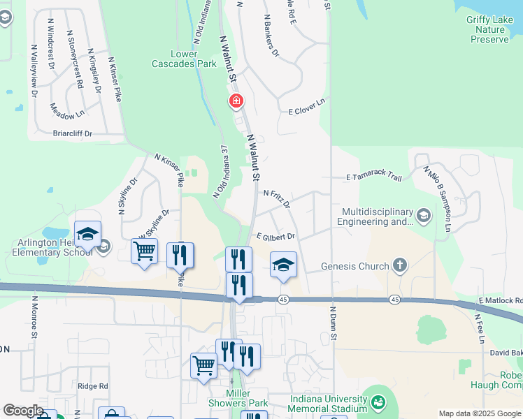 map of restaurants, bars, coffee shops, grocery stores, and more near 2503 North Walnut Street in Bloomington