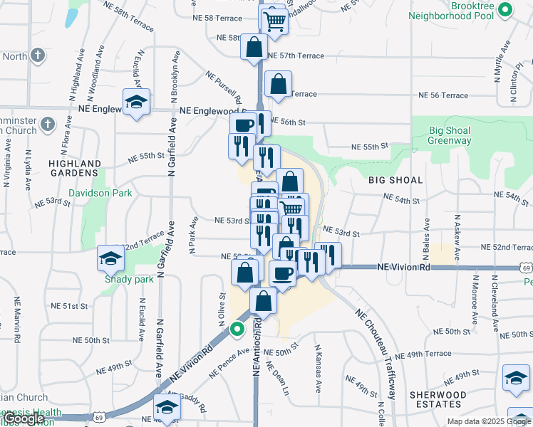 map of restaurants, bars, coffee shops, grocery stores, and more near 5303 Northeast Antioch Road in Kansas City