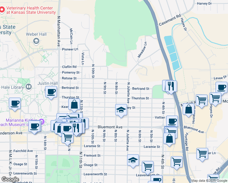 map of restaurants, bars, coffee shops, grocery stores, and more near 1121 North 8th Street in Manhattan