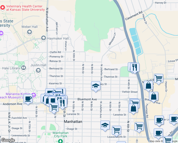 map of restaurants, bars, coffee shops, grocery stores, and more near 1121 North 8th Street in Manhattan