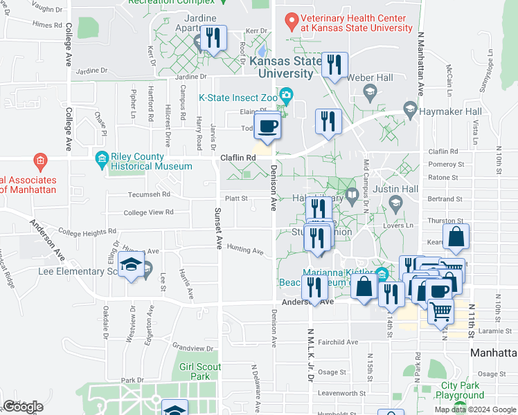 map of restaurants, bars, coffee shops, grocery stores, and more near 1024 Quivera Circle in Manhattan