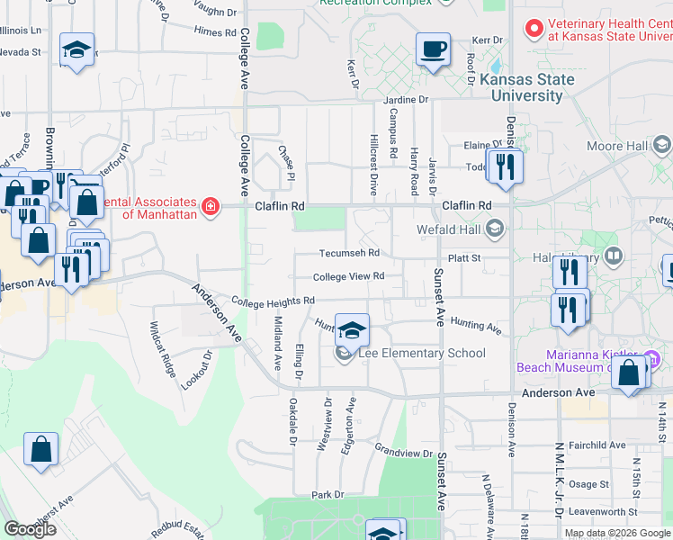 map of restaurants, bars, coffee shops, grocery stores, and more near 2054 College View Road in Manhattan