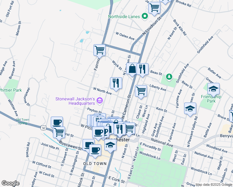 map of restaurants, bars, coffee shops, grocery stores, and more near 501 North Loudoun Street in Winchester