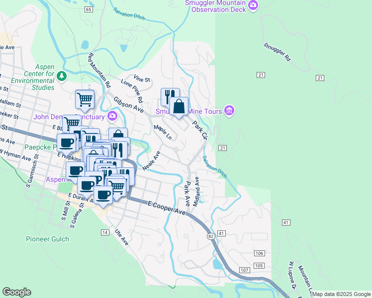 map of restaurants, bars, coffee shops, grocery stores, and more near 1050 Matchless Drive in Aspen