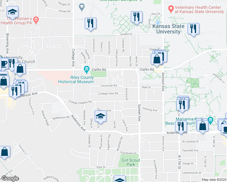 map of restaurants, bars, coffee shops, grocery stores, and more near 2030 College View Road in Manhattan