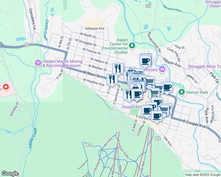 map of restaurants, bars, coffee shops, grocery stores, and more near 127 West Hopkins Avenue in Aspen