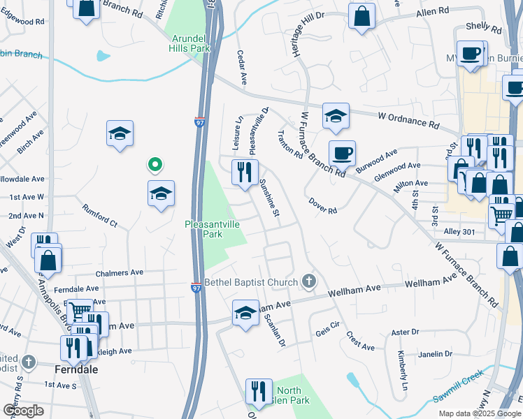 map of restaurants, bars, coffee shops, grocery stores, and more near 1611 Pleasantville Drive in Glen Burnie