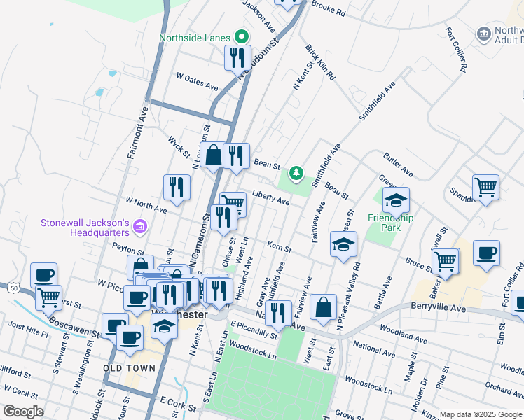 map of restaurants, bars, coffee shops, grocery stores, and more near 553 Highland Avenue in Winchester