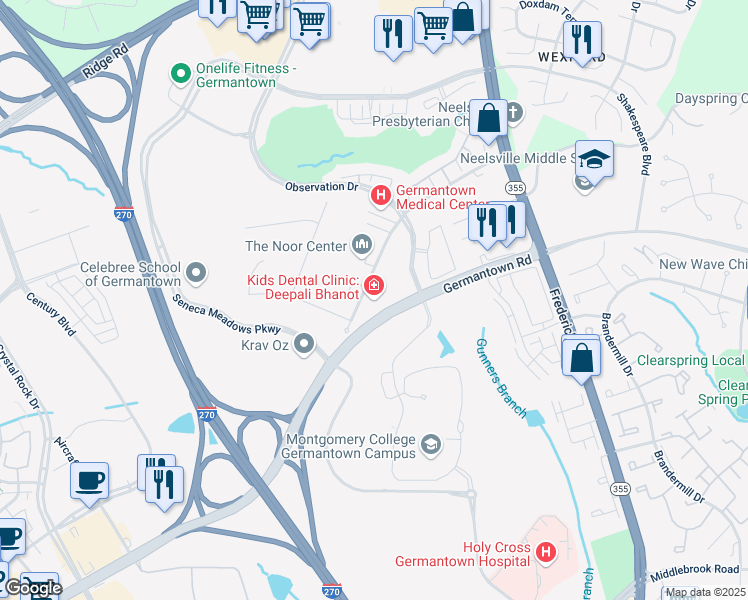 map of restaurants, bars, coffee shops, grocery stores, and more near 20400 Observation Drive in Germantown
